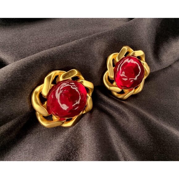 Rare Find Vintage CINER Signed Red Glass Art Deco Gold Tone Clip On Earrings - Picture 6 of 6